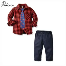 Коллекция года, брендовый комплект одежды для маленьких мальчиков на Рождество, джентльмен, Осенний клетчатый топ, рубашка, джинсовые штаны, нарядный комплект