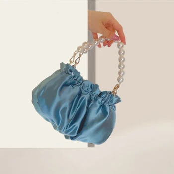 

2020 New Summer Cloud Bag Blue Pearl Handle Satin Pleated Women Handbag Chain Shoulder Messenger Bags Evening Clutch Purse 2020