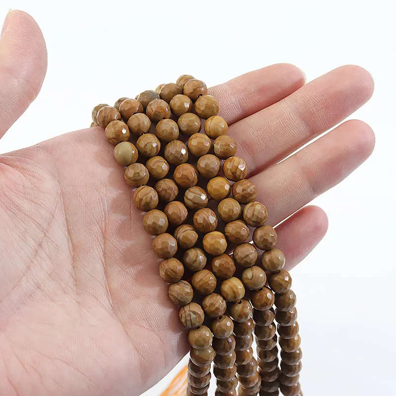 

Faceted Natural Stone Smooth Brown Wood Grain Round Loose Beads For Needlework Jewelry Making DIY Bracelet Handwork Crafts