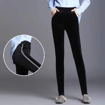 

Winter Women Warm Fleece Lined High Waist Leggings Stretchy Skinny Pants Trousers Solid color style with side stripe decor gift