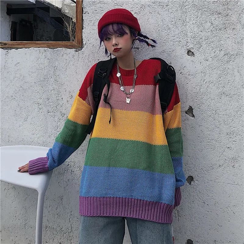 Neploe, радужная полоска, корейский Повседневный свитер Harajuku, винтажный пуловер с длинным рукавом и круглым вырезом, джемперы для женщин и мужчин, вязаные топы 55682