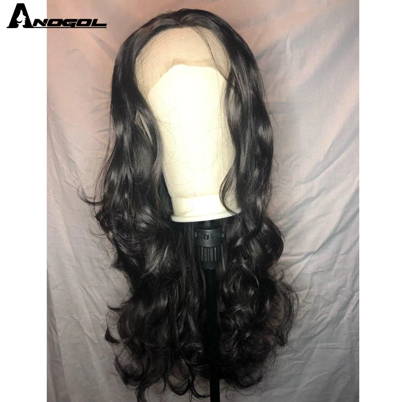 Anogol 150% плотность темно-коричневый синтетические парики на кружеве без клея натуральные длинные волнистые термостойкие волокна для черных женщин