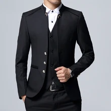 Туника формальные деловые мужские костюмы с воротником-стойкой для свадьбы модный стиль 3 шт смокинги для жениха мужской комплект куртка жилет с брюками