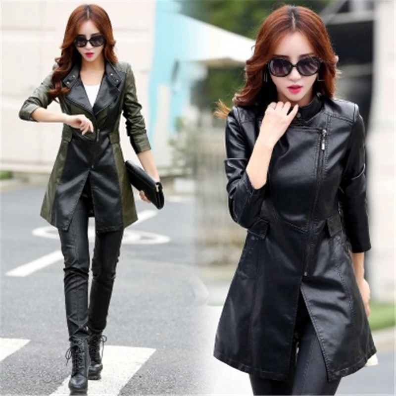 Plus Size Women's Leather Coat Autumn Winter Moto&Bike PU Leather Coat For Women Overcoat Slim Elegant Female Long Coat Femme