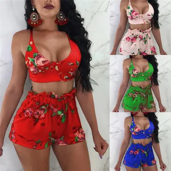 

Sexy Women Boho Casual Mini Crop Tops Shorts 2Pcs Bikinis Set Summer Beachwear