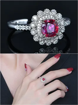 

Vintage luxury flower princess red crystal ruby gemstones diamonds rings for women white gold silver color bague jewelry present