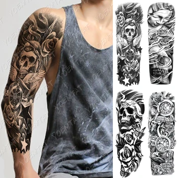 

Large Arm Sleeve Tattoo Skull Wings Star Waterproof Temporary Tatto Sticker Rose Angel Body Art Full Fake Tatoo Women Men