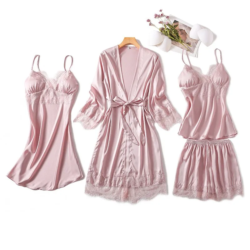 

Silky Satin Kimono Bathrobe Gown Female Sleepwear Lace 4PCS Pajamas Suit Nightgown Sexy Sleep Set Nightwear Home Clothes