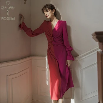 

YOSIMI Sexy Dresses Party Night Club Dress 2020 Chiffon Red Long Women Dress V-neck Full Sleeve Mid-calf Patchwork Female Dress