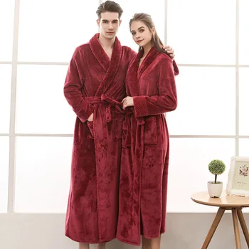 

Women Coral Fleece Nightgown Winter Lovers Kimono Gown Warm Sexy Negligee Long Soft Sleepwear Flannel Pocket Home Clothing