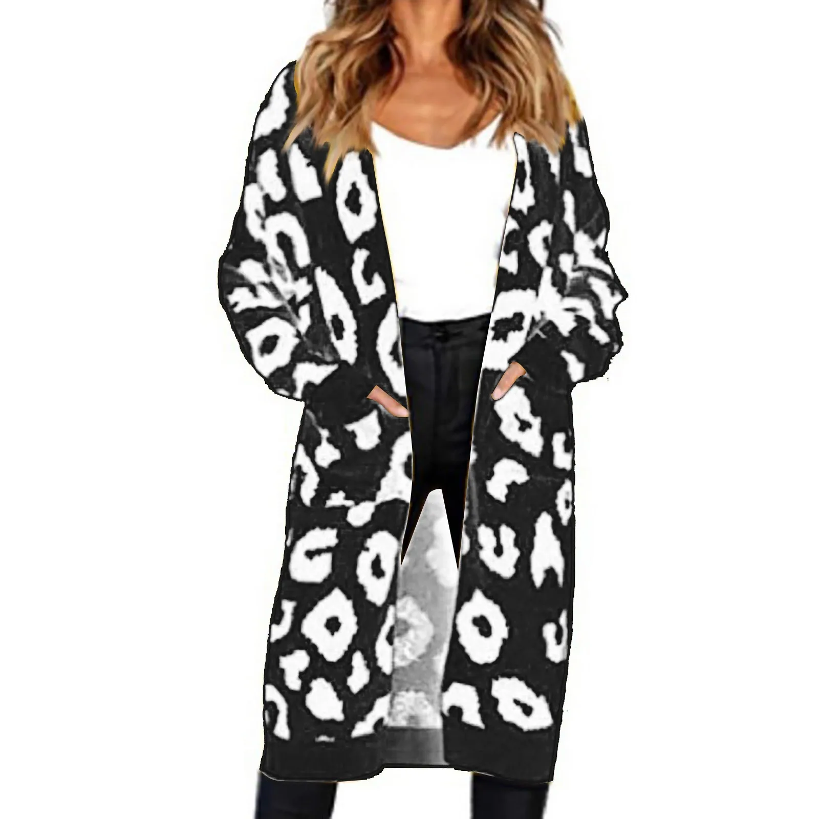 Women Sweater Cardigan Open Stitch Leopard Printed Sweater Knitted Print Long Sleeve Cardigan Tops Female clothes autumn Coat 2