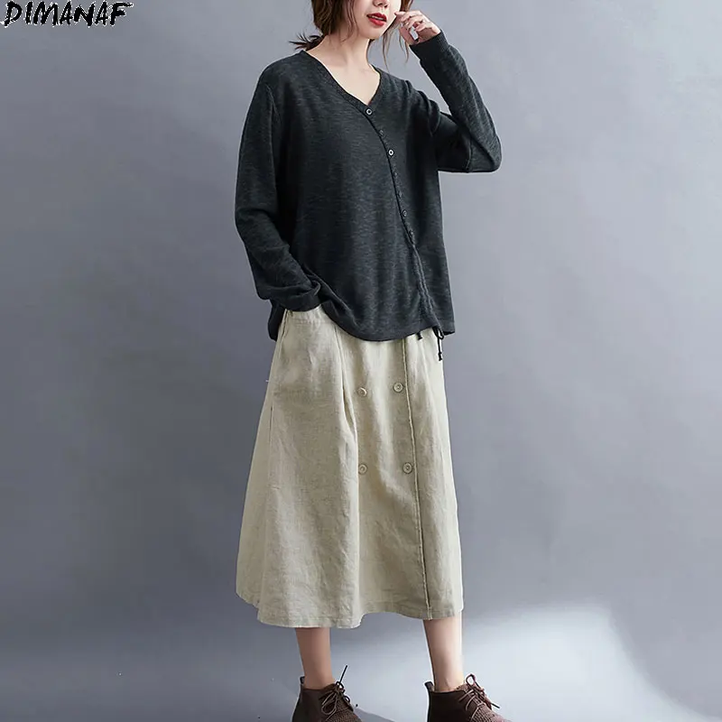 DIMANAF 2020 Plus Size Women T-Shirt Casual Knitting V-Neck Pullover Buttons Spliced Cotton Autumn Tee Shirt New Big Size Tops