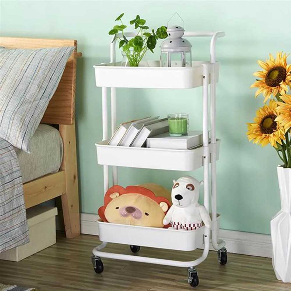 

3 Tier White Rolling Cart Storage Cart Mobile Shelving Unit Organizer Slide Out Storage Utility Cart Rack for Home Commercial