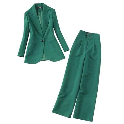 Fashion Suit Suits female Spring summer New high quality Dark green casual business suit+ wide leg pants Two-piece suit women