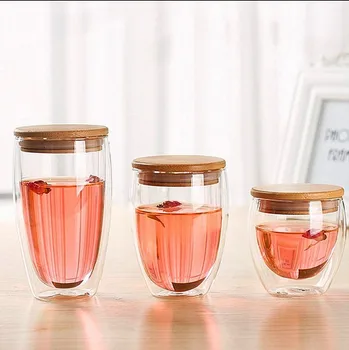 

Wholesale Glass shuang ceng bei Hotel Coffee Cup with Bamboo Cover High Temperature Resistant Anti-Scald Thermal Insulation Cup