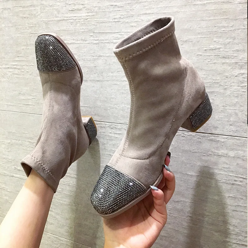 

Women's Mid Calf Boots Chunky Heel Autumn Shoes Crystal Bootee Woman 2019 Luxury Designer Booties Ladies Lace Up Rhinestone Med