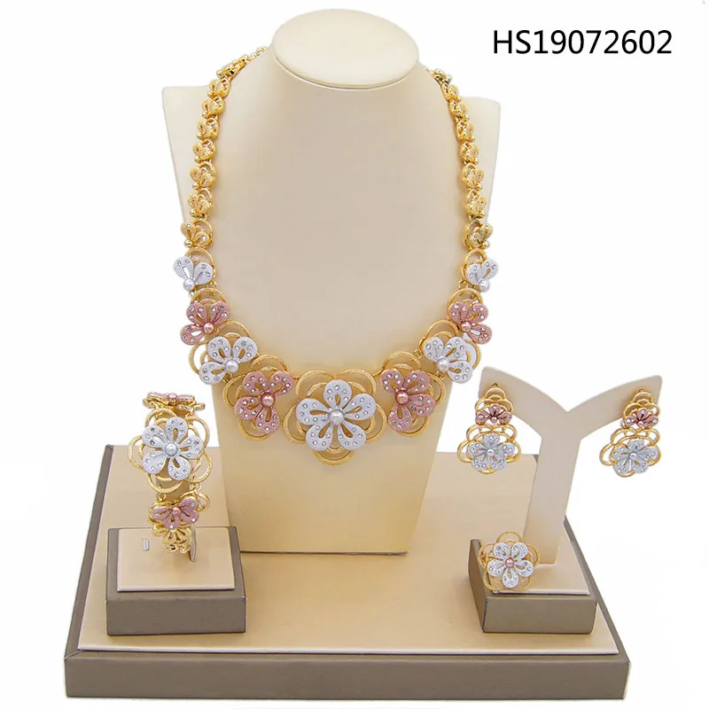 

Yulaili Fashion African Tricolor Flowers Crystal Pendant Necklace Earrings Dubai Gold Jewelry Sets Nigeria Weddding Accessories