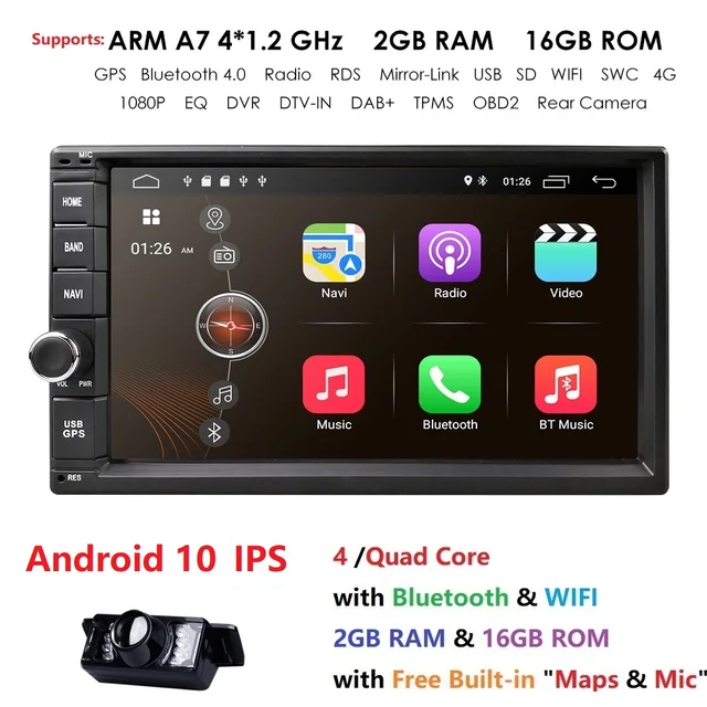 $US $116.10 Quad Core Android 10 2G RAM 16G ROM Support 4G WIFI Network Car GPS 2 din Universal Car No DVD Radi