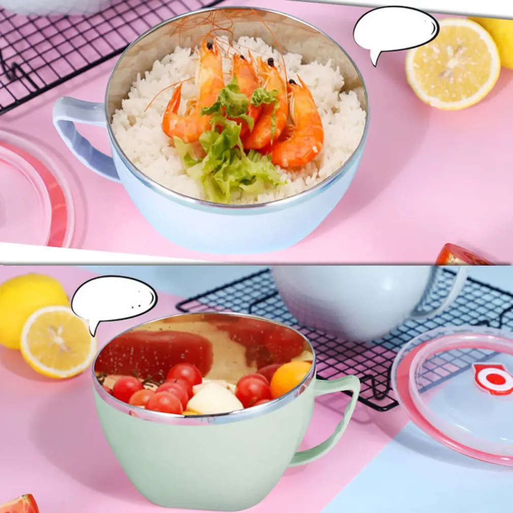 900ml Noodle Bowl With Lid Handle 304 Stainless Steel Plastic Leak-Proof Food Container Rice Soup Bowls
