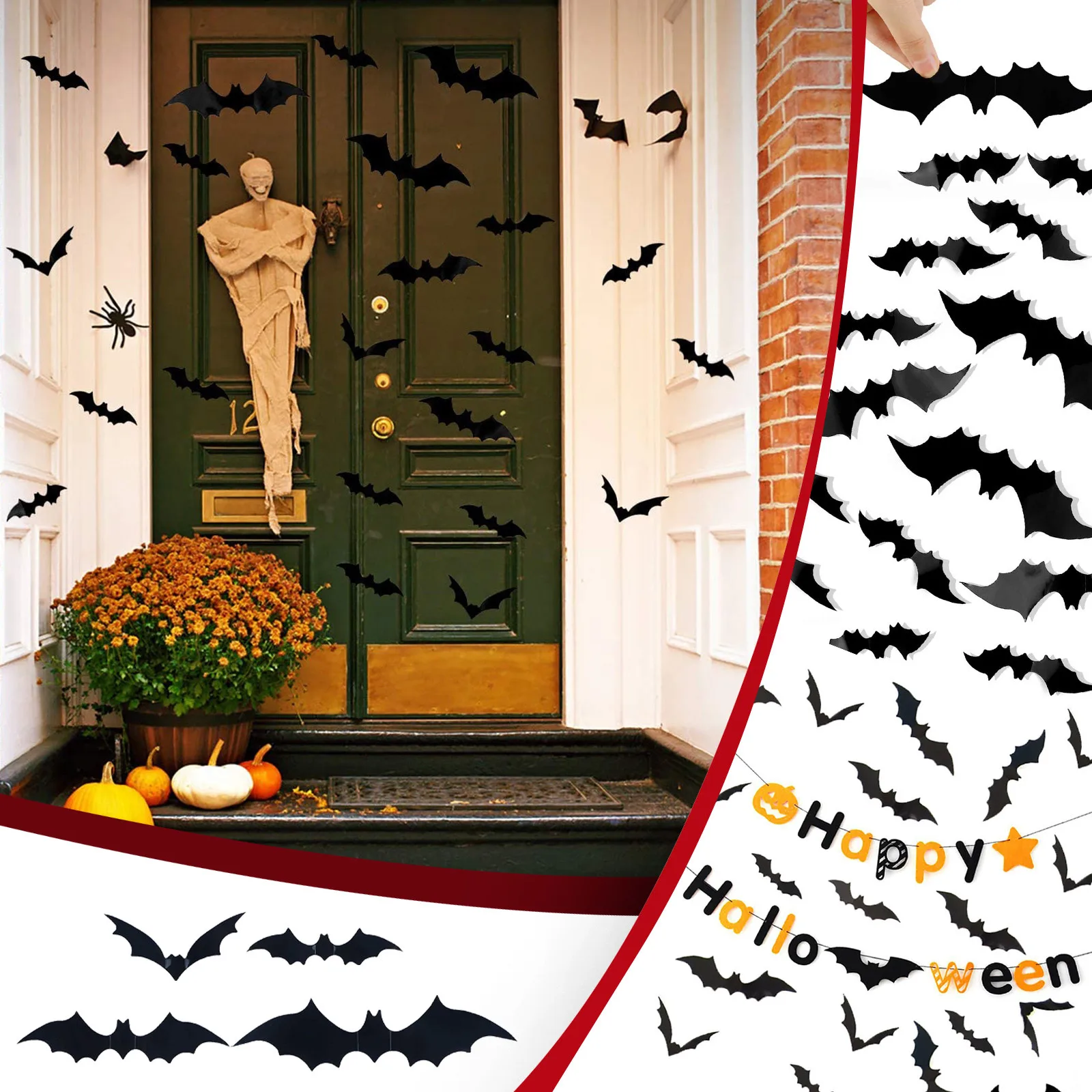 60/120Pcs 3D Bats Sticker Halloween Bat Wall Decals Stickers Window Doors Decors 