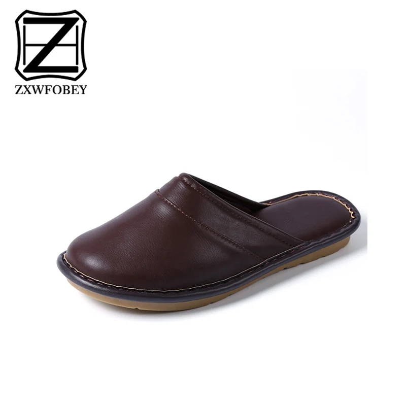DARKBROWN ZXWFOBEY мужские тапочки; Домашние кожаные зимние водонепроницаемые теплые домашние меховые женские тапочки; мужская обувь на платформе для пары; большие размеры - Цвет: DARKBROWN