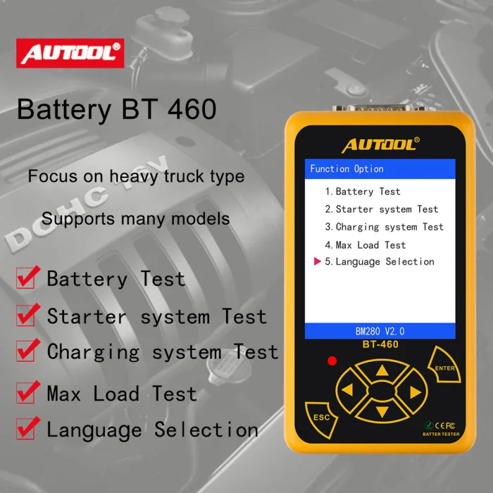 BT-460 тестер аккумуляторной батареи для автомобиля, анализатор системы зарядки, многоязычные инструменты для тестирования транспортных средств, ремонтные инструменты для 12 В, 24 В, JDH9