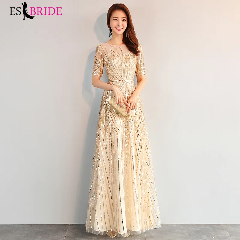 

Gold Evening Dresses 2019 New A-Line O-Neck Half Sleeve Lace Appliques Tulle Long Party Gowns Robe Soiree Sexy