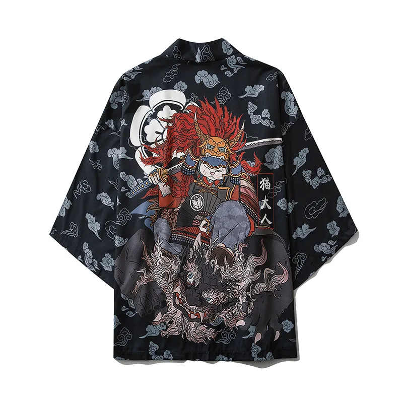 

Harajuku Samurai Cat Kimono 2020 Women/men Japanese Style Shirt Black Clothes Double Printi Cardigan Spring Monster Costume Top