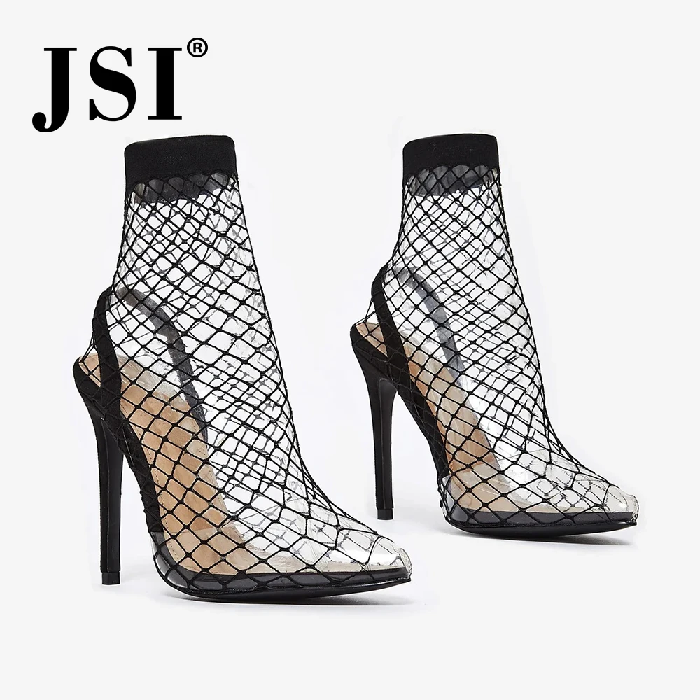 

JSI Ankle Women Boots New Fashion Solid Shoes Air Mesh Elastic band Pointed Toe Summer Thin Heel Super High Heel Women Boots JE5
