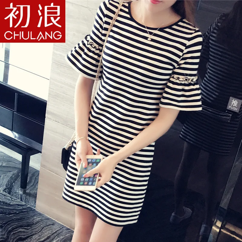 

2019 Summer Large Size Dress Korean-style Base Shirt Loose-Fit Slimming Bell Sleeve Black And White Stripes Short Sleeve Dress