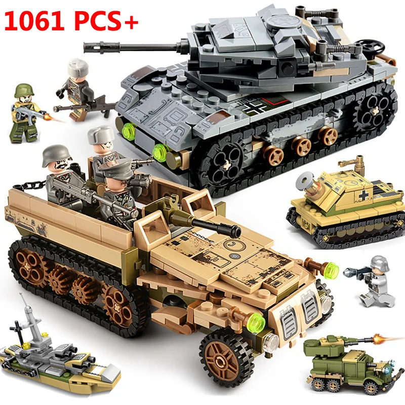 1061 pièces ville WW2 Chariot camions assaut réservoir blocs de construction technique arme guerre créateur armée soldats militaires jouets pour les enfants