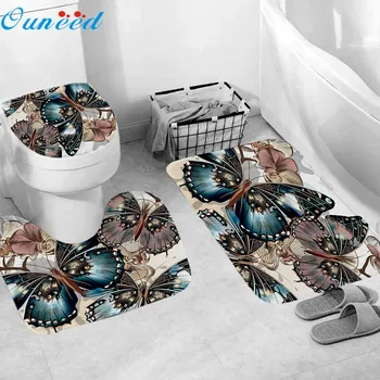 

Ouneed 3pcs/set Non-Slip Creative butterfly octopus color deers pattern Bathroom Bathtub Rugs + Lid Toilet Cover+Bath Floor mats