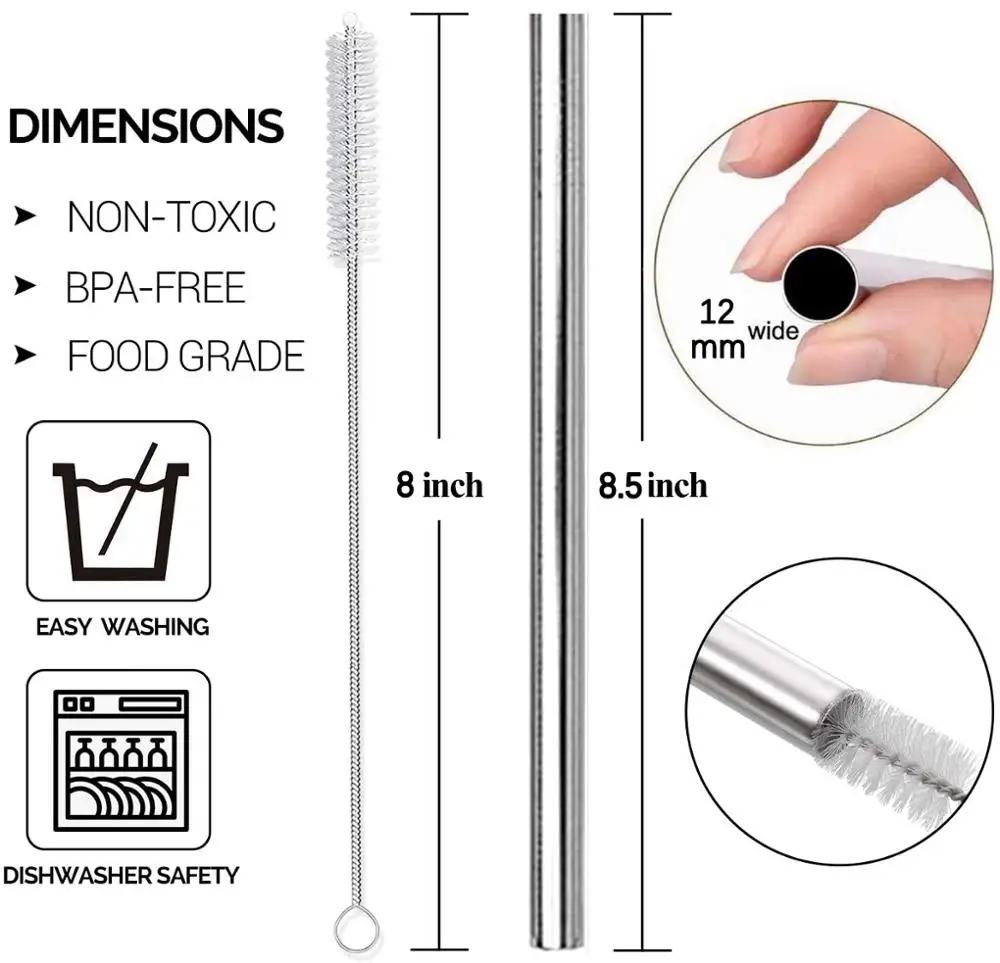 Metal Straws 4Pcs 304 Stainless Steel Extra Wide Reusable For Milkshake Smoothie Bar Beverage