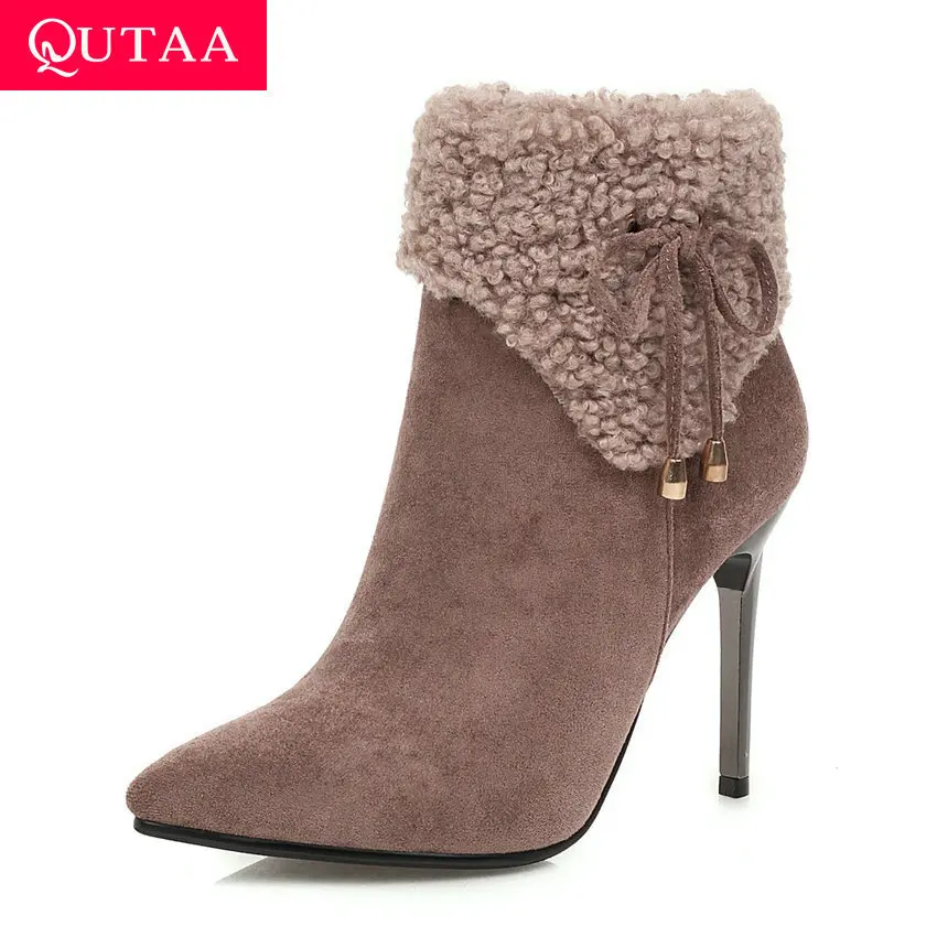 

QUTAA 2020 Fashion Thin High Heel Zipper Ankle Boots Autumn Winter Warm Fur Sexy Pointed Toe Flock Women Shoes Big Size 34-43