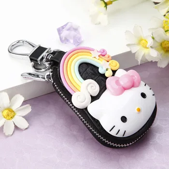 

Fashion Black Cartoon Hello Kitty Keychain Exquisite Leather Zipper Wallet Keychain Woman Girl Handbag Wallet Pendant Jewelry