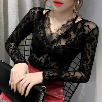 

Ladies blouse 2020 New Fashion Slim Long Sleeve V Neck shirt Mesh Top sexy Lace Blouse shirt plus size women clothes blusas