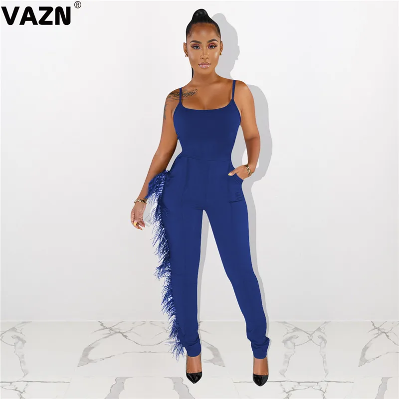 VAZN ME324 Tide Новые Сексуальные женские однотонные длинные штаны длиной до щиколотки с кисточками женские облегающие комбинезоны без рукавов с v-образным вырезом