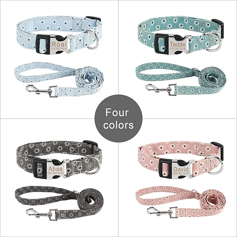 Engrave Pet Collar Customize Name Dog Collar Custom ID Pink Flower Cat Collar Engraved for Big Small Dogs