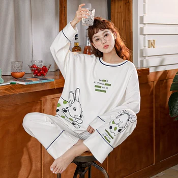 

Women Cute Cartoon Print Pajamas Set Cotton Long Sleeve Sleepwear O-Neck Autumn Winter Nightwear Casual Homewear M-2XL