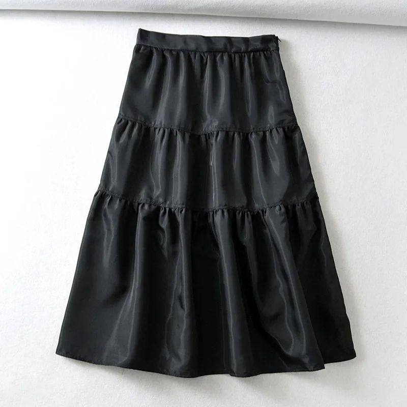 RR Taffeta многослойные юбки, женская модная свободная Однотонная юбка, женская элегантная плиссированная юбка на молнии, юбки до середины икры для женщин