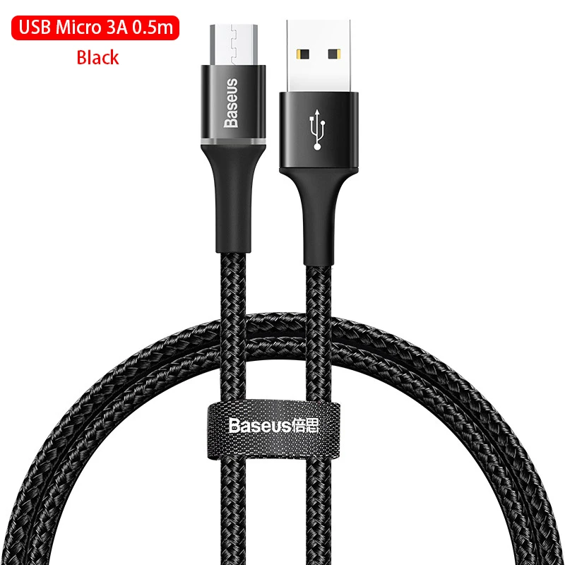 Baseus Micro USB кабель 3A быстрой зарядки Android кабель для передачи данных для мобильного телефона Micro Зарядное устройство, 1 м, 2 м, проволочные заряжающие провода шнур с светодиодный освещения - Название цвета: 3A 0.5m Black