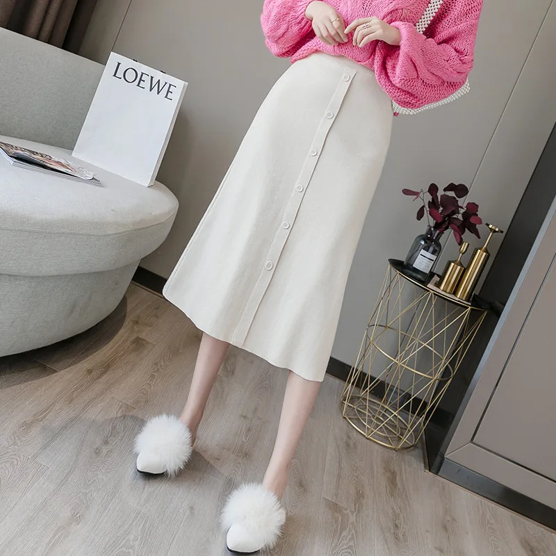 

2019 Winter New Style Korean Version of the Package Hip Black Dress Single Breasted Knitted Skirt Mid-length Women's