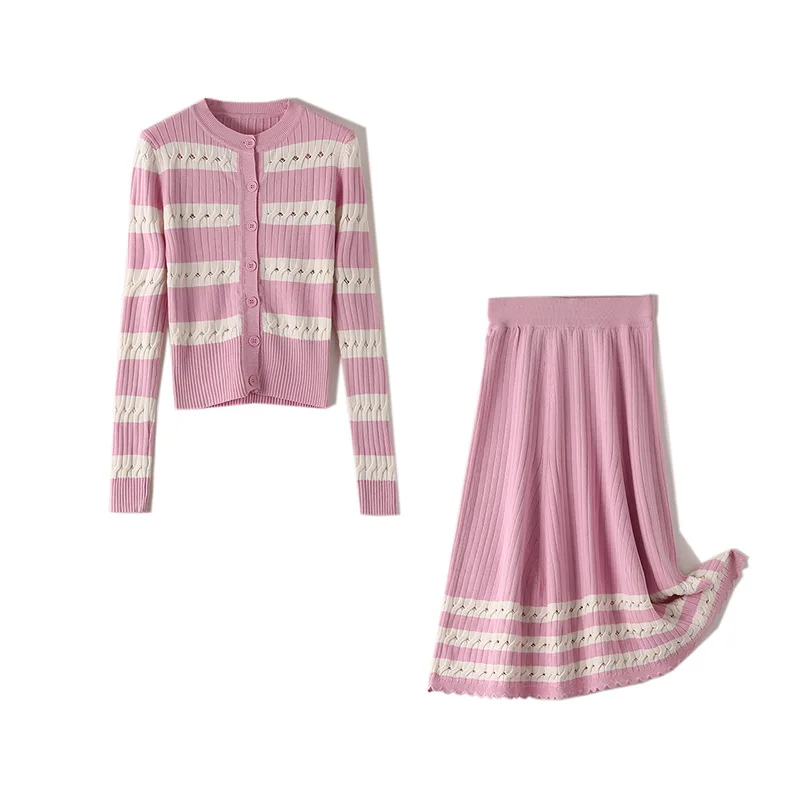 Розовый и белый цвет полый вязаный кардиган+ средней длины половина юбка костюм из двух предметов для женщин