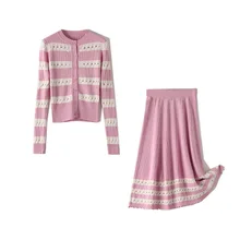 Розовый и белый цвет полый вязаный кардиган+ средней длины половина юбка костюм из двух предметов для женщин