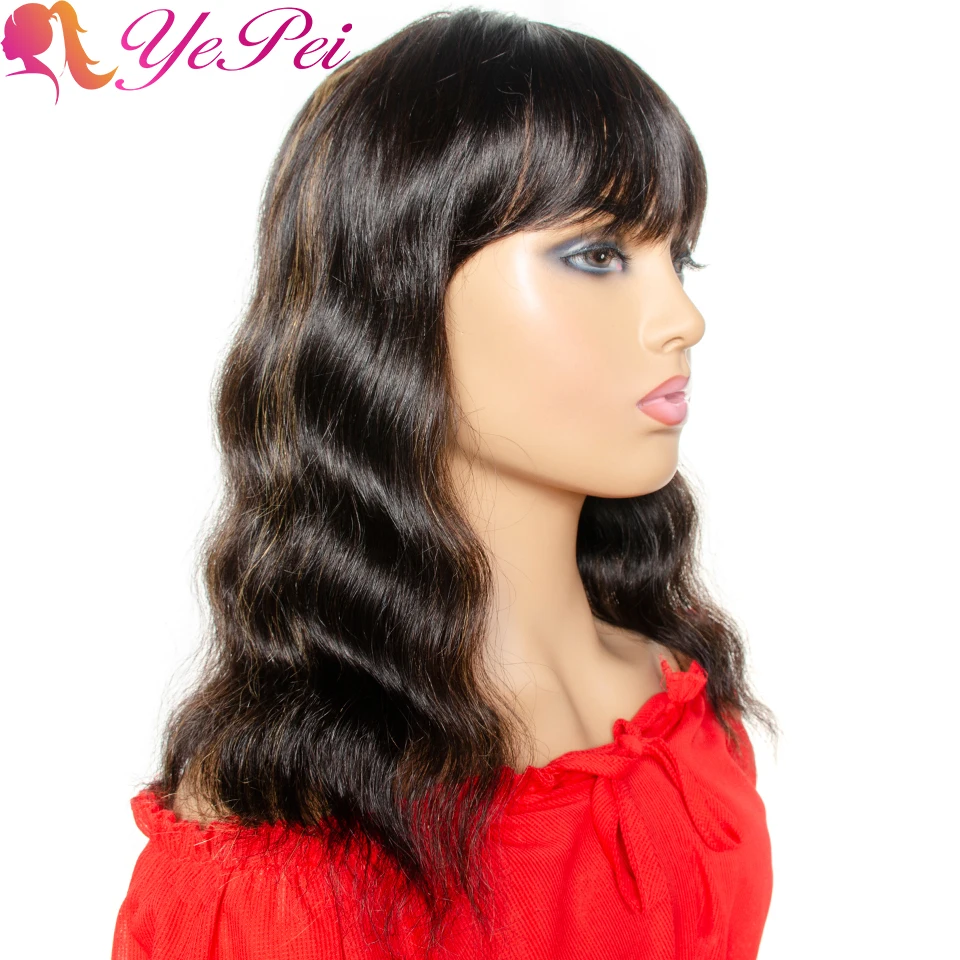 Pelucas de cabello humano con flequillo, cabello Remy brasileño de 12 pulgadas, ombré, Color resaltado, ondulado, Bob, Color Piano