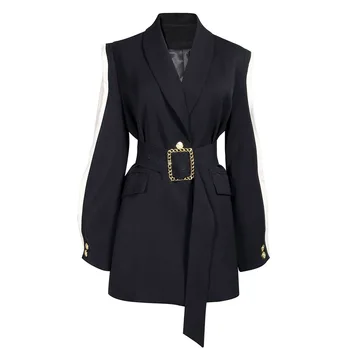 

Women Fashion Blazer Appliques Belt Button Pocket Notched Lapel Color Block Slim Coat Office Lady Trench Autumn Slim Tailored