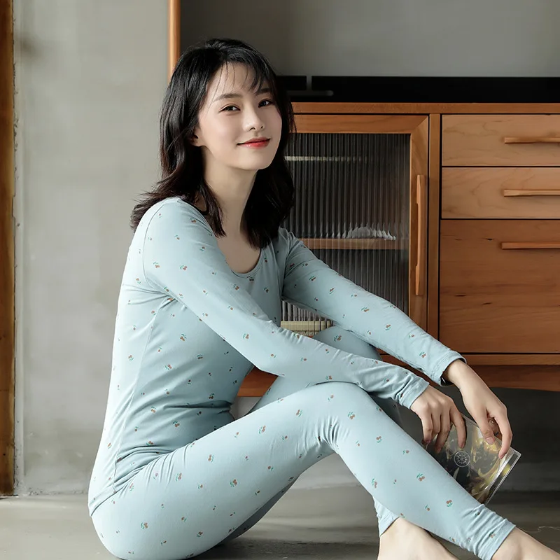 Autumn Winter Cotton Thermal Underwear Women Warm Long Johns Suit Sweet Cute Printed Thermal Clothing Female Second Skin Pajamas