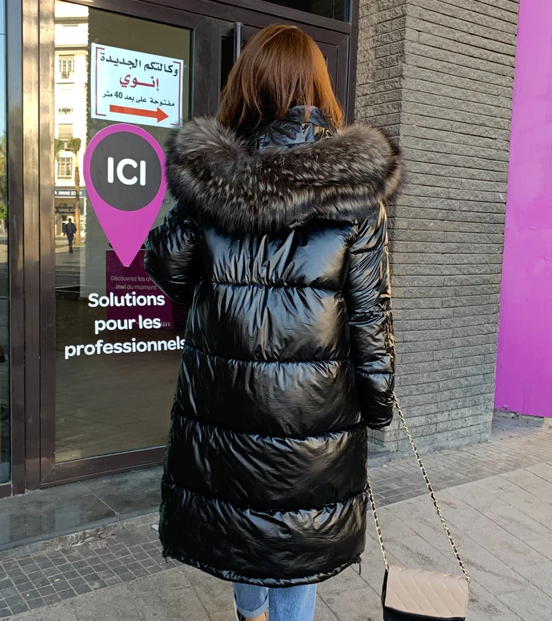 Высокое Новое поступление, качественная зимняя куртка для женщин, теплая, утолщенная, с капюшоном, с мехом, длинное пальто, блестящая ткань, стильная женская парка