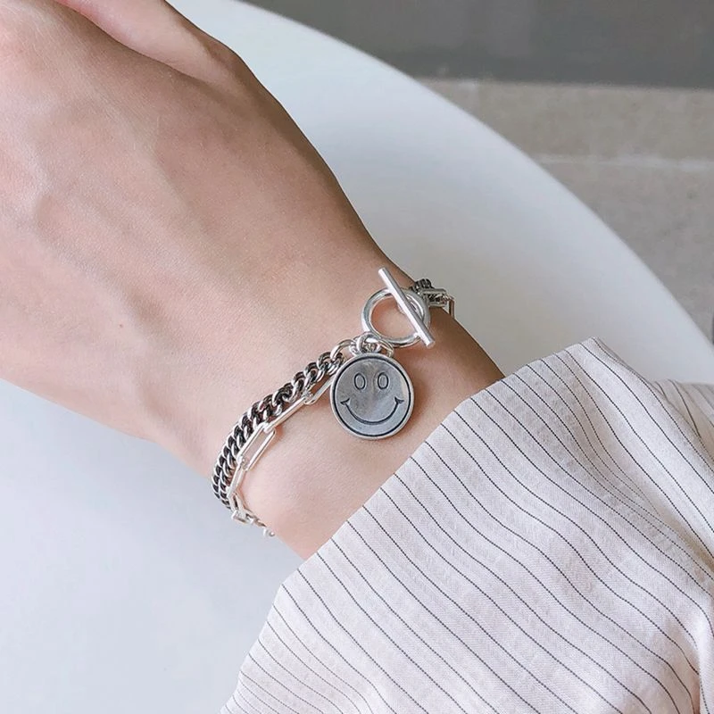 

Silvology 925 Sterling Silver Asymmetry Chain Smile Bracelets Design Creative Industry Style 2019 Women's Bracelets Fine Jewelry