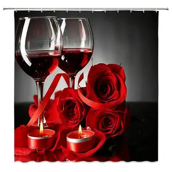 

Red Rose Shower Curtain Red Wine Candle Romantic Couple Bathroom Curtain Fashion Decor Waterproof Bath Curtain for Bathroom